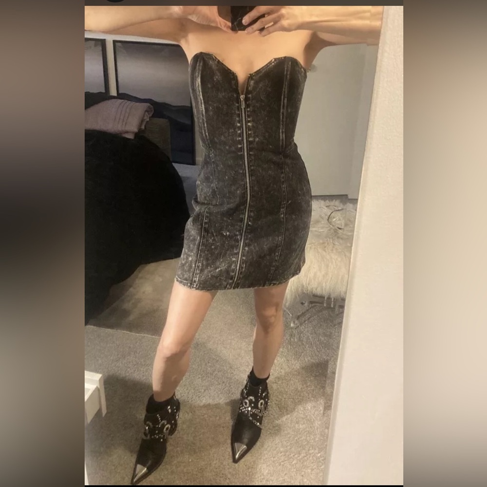 Vtg Betsey Johnson USA Corset Dress Black Denim Acid Zip Punk Goth Y2K 90s 80’s
